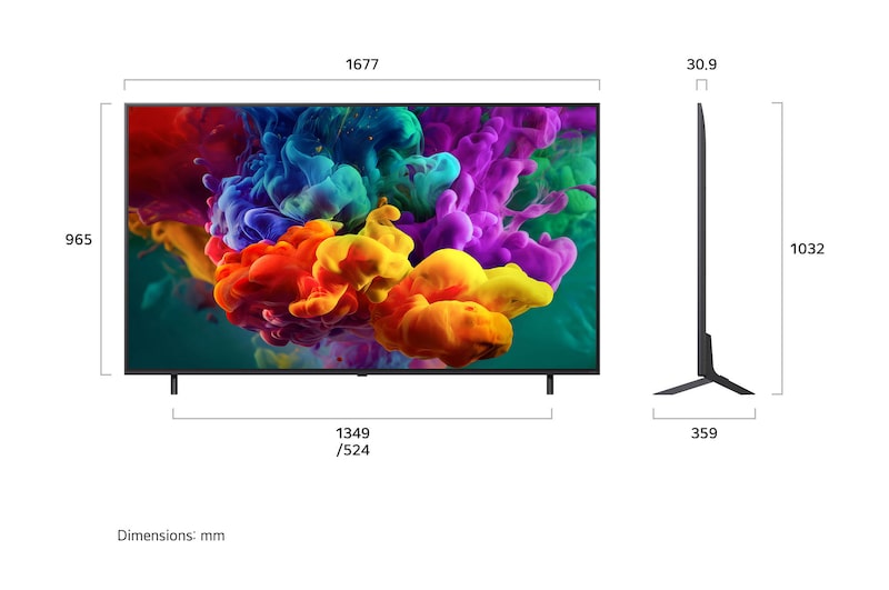 Een LG QNED evo AI QNED85 Mini LED, weergegeven van de voorkant en van de zijkant, heeft een 75 inch scherm dat 1677 mm breed is, 965 mm hoog, 1032 mm hoog met standaard, een profieldiepte van 30,9 mm en een afmeting van de voet van de standaard van 1349/524 bij 359 mm.